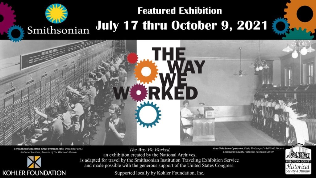Two alternate photos of historic switchboards, with additional information on the exhibit dates and sponsors.