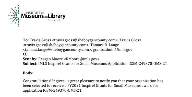 Grant award letter from the IMLS - printed email